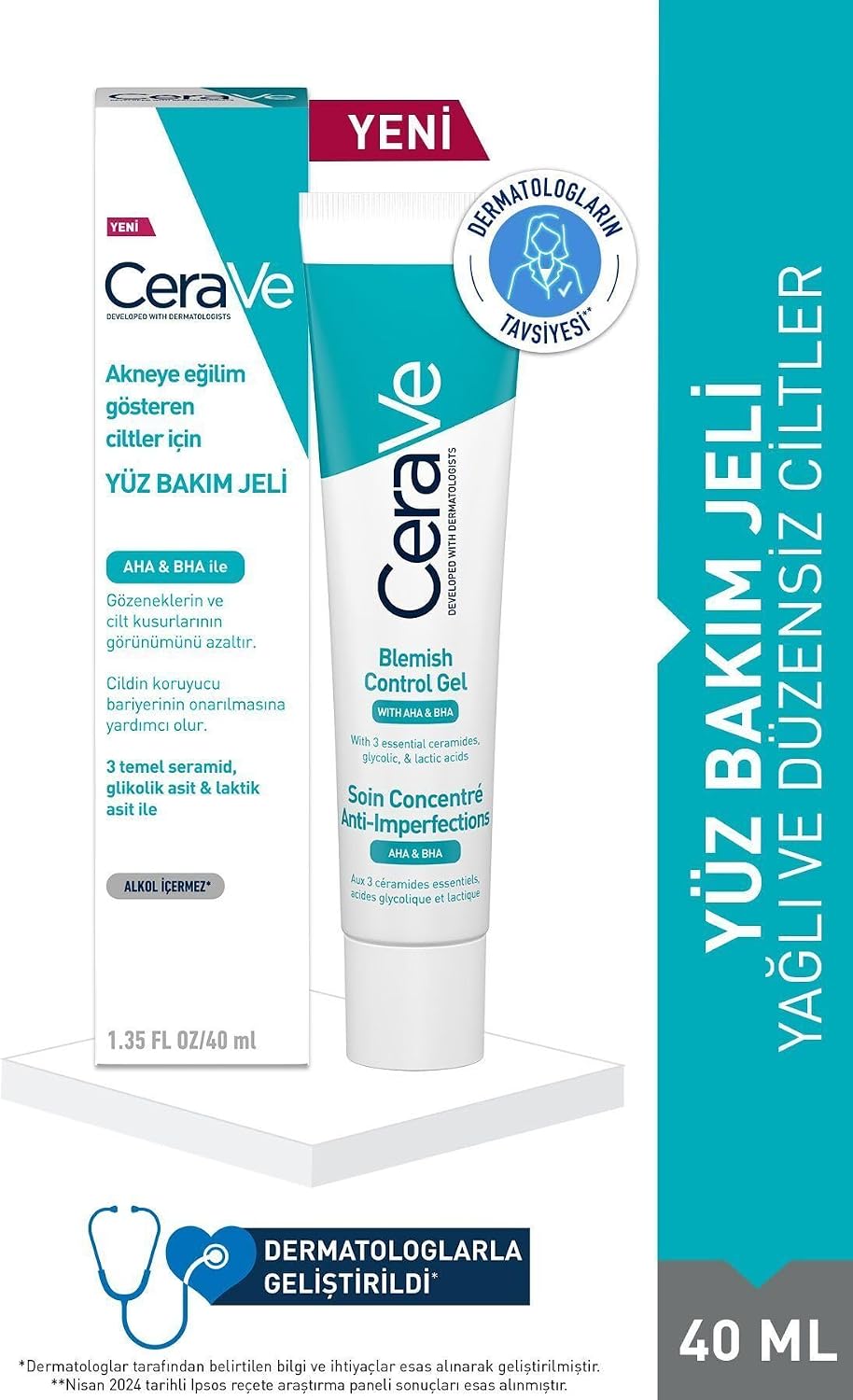 CeraVe Blemish Control Gel, Akneye Eğilim Gösteren Ciltler İçin Yüz Bakım Jeli, AHA & BHA İçeren, 40 ml