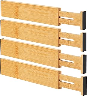 Bamboo Drawer Dividers Organizers, Kitchen Drawer Organizer, Adjustable Drawer Divider for Clothes, Kitchen, Dresser, Bedroom, Bathroom and Office, 4-Pack (Natural, 12-17 IN)
