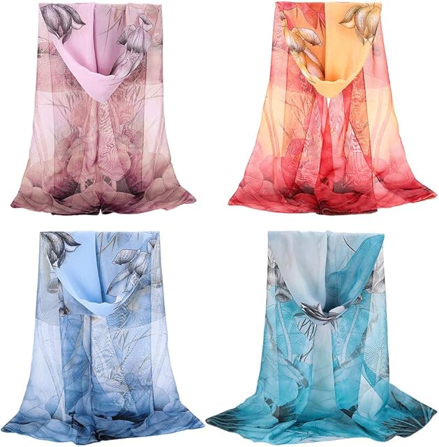 4 Pack Chiffon Scarf, Fashion Sheer Scarfs Lightweight Neck Scarf Shawl Wrap Scarves for Women Girls Ladies