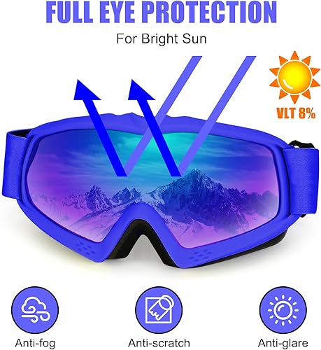 Miniatura 3 de Gafas de esquí para niños, gafas de esquí para niños de 6 a 14 años, compatible con casco, protección UV400, antiniebla, antiarañazos, gafas de