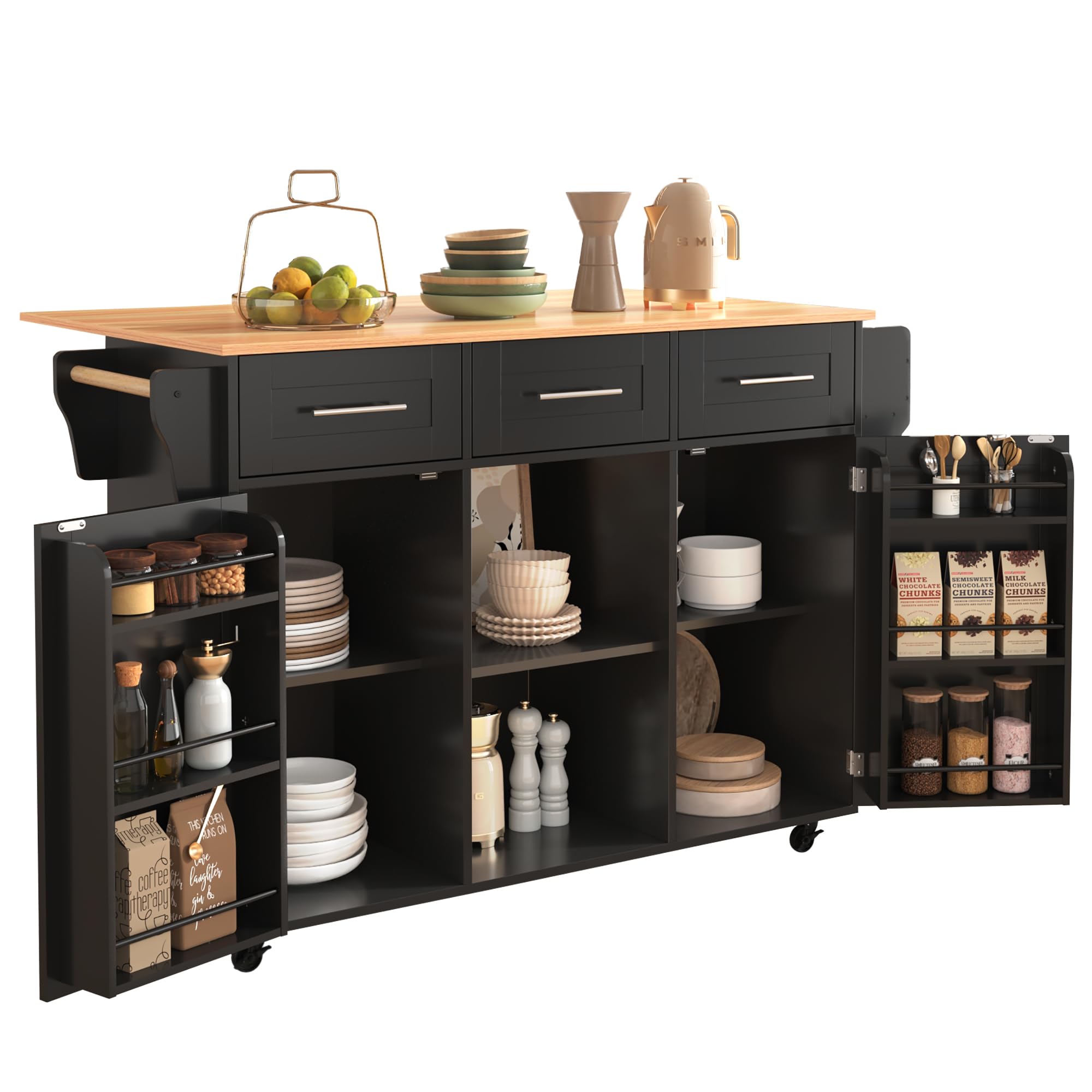 Carrello da cucina pieghevole con ruote, 3 cassetti, 2 ante, 2 ripiani, finitura nera e naturale, perfetto per sala da pranzo e cucina, 139 x 91,5 x 46 (71) cm