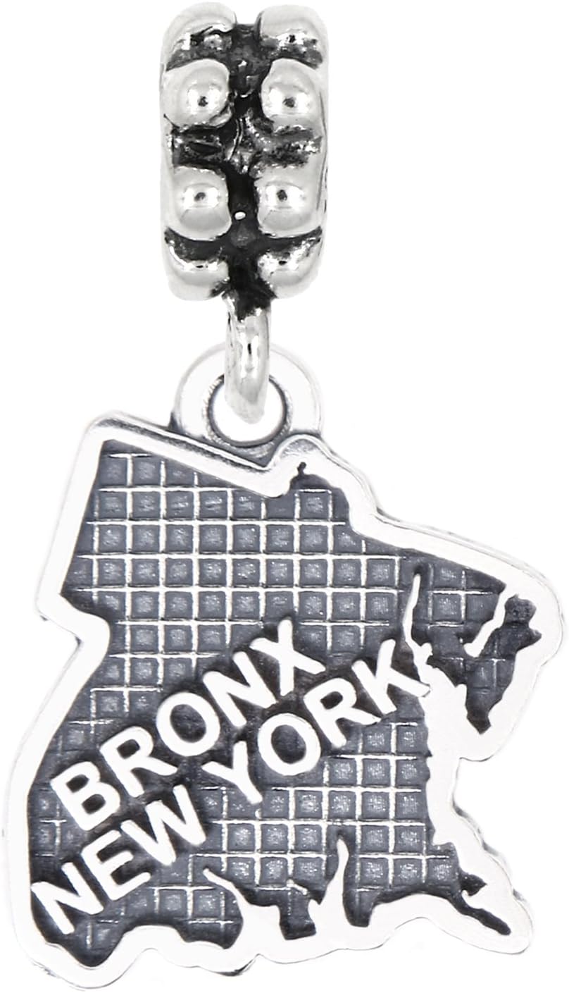 LGU Sterling Silver Oxidized Bronx New York Map Dangle Bead Charm