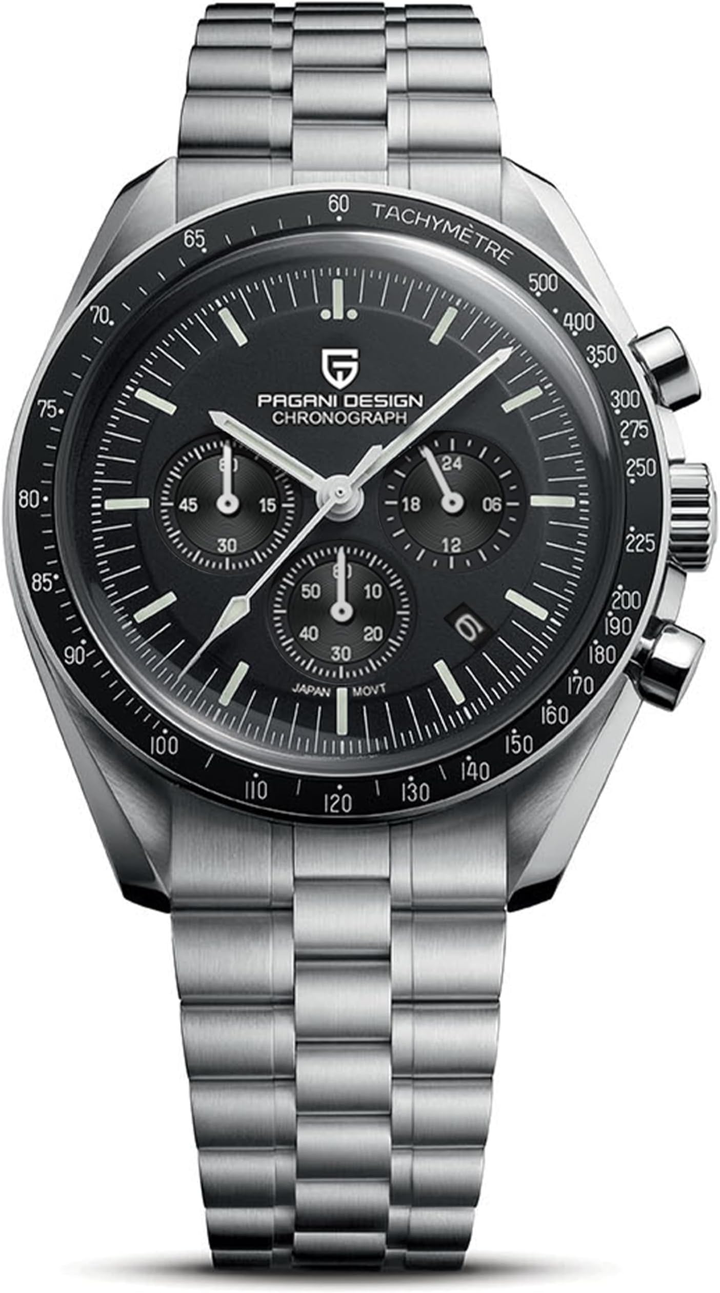 Pagani Design 1701 Men's Watch, Chronograph, VK63 Japanese Quartz Movement, Stainless Steel Bracelet, Water Resistant to 330 Feet (100 Meters), Sapphire Glass Wristwatch.