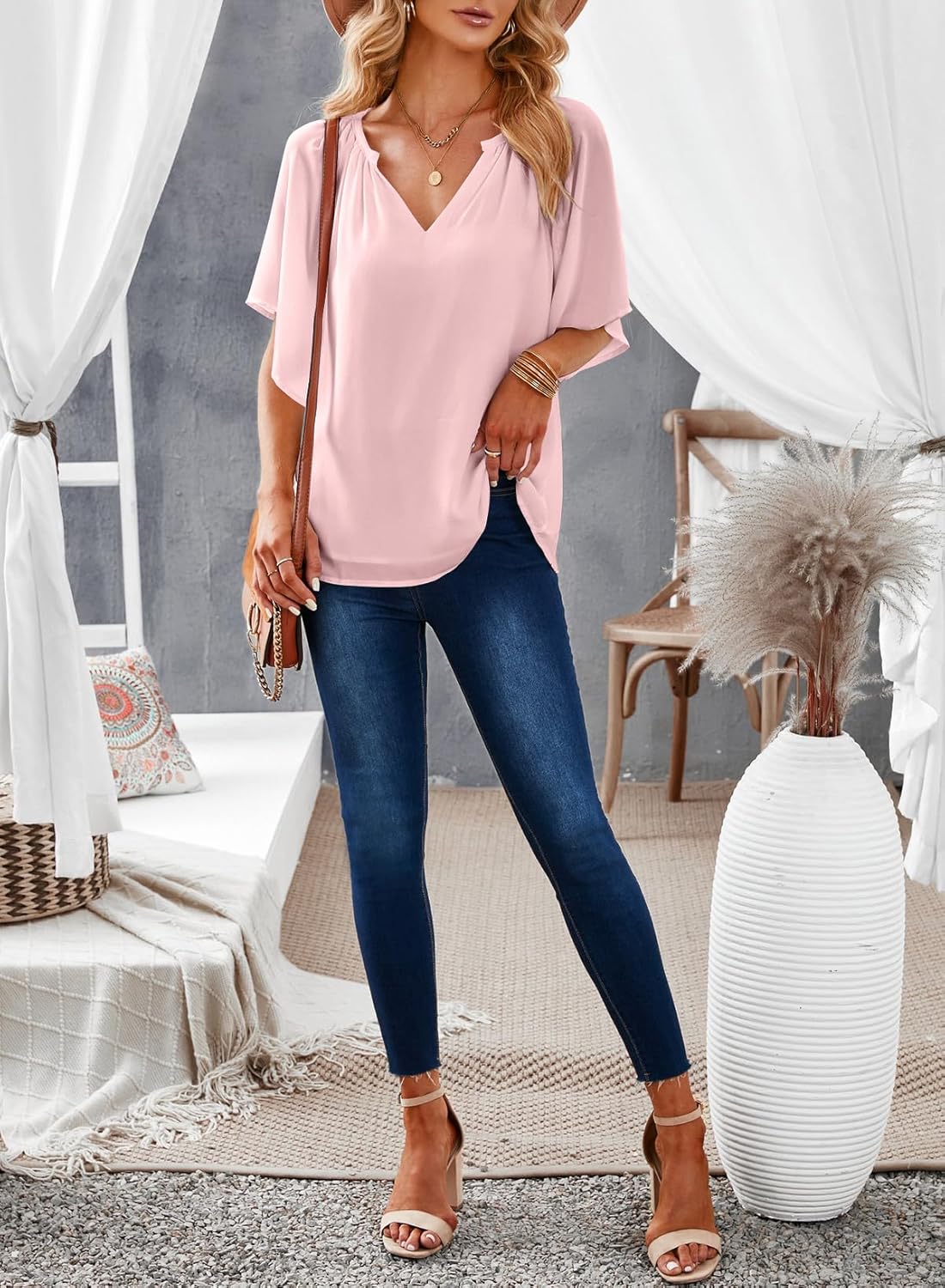 Dokotoo Womens Dressy Chiffon Blouses Summer Bell Short Sleeve Shirts V Neck Business Casual Work Tops - Image 5