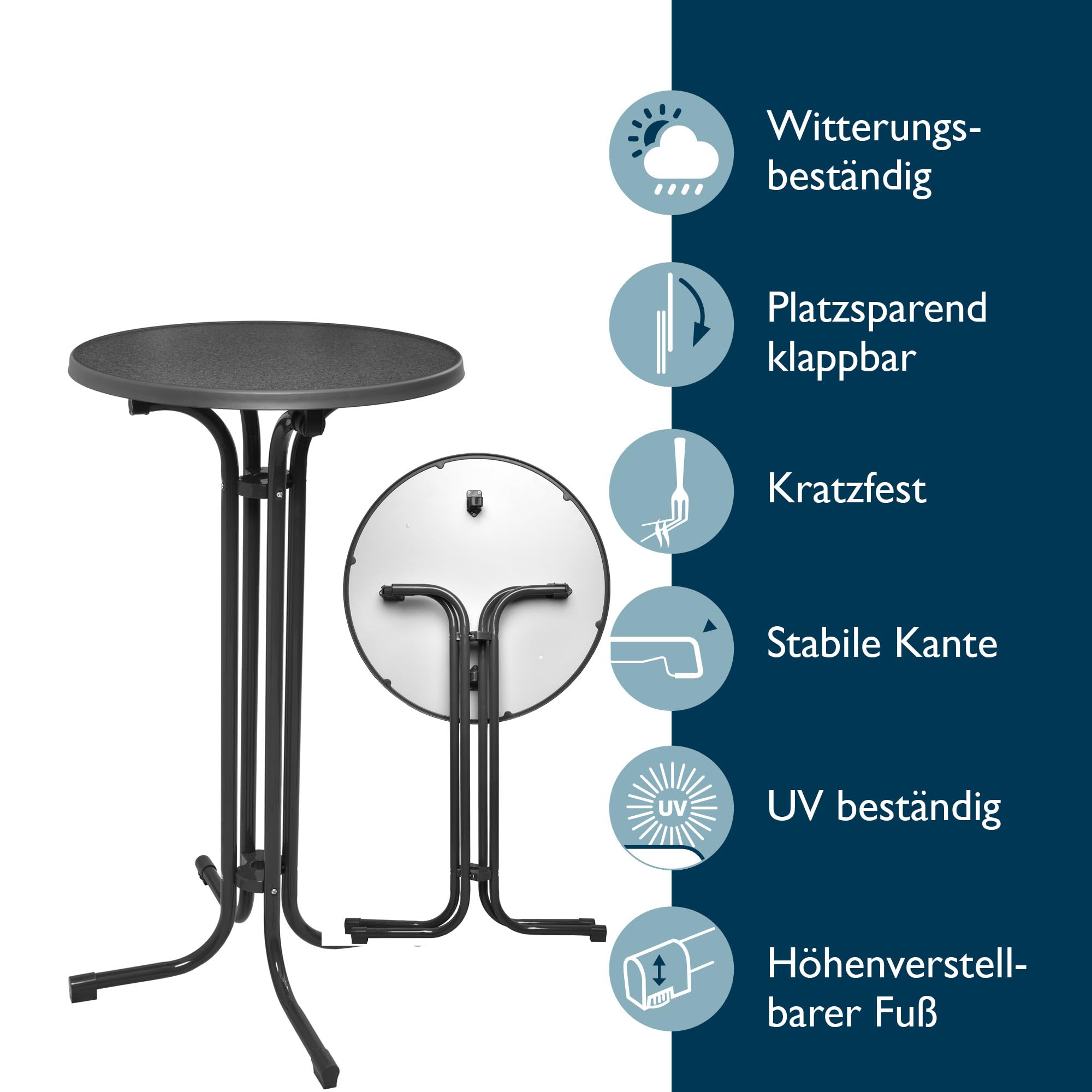 Beautissu Grauer Stehtisch klappbar 60 cm mit Premium Stehtischhusse Anthrazit & Schleifenband – Wetterbeständig Outdoor Bistrotisch rund Kratzfest UV-beständig – Husse rutschfest waschbar – Bellini