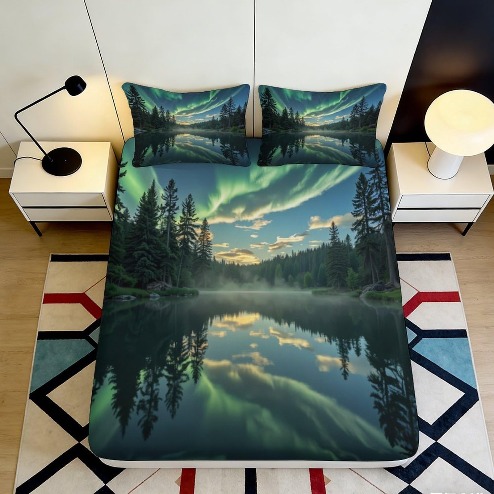 3D Printed Northern Lights Fitted Sheet Microfiber Soft Breathable Scenic Lake Bed Cover for Bedroom Dormitory Guest Room Mattress Protection 180x200x25cm