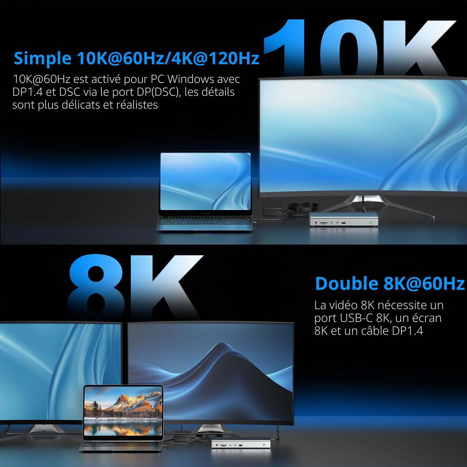 WAVLINK Station d'accueil USB C DisplayLink (DL7400) de qualité supérieure, 2 x HDMI et 2 x DP, double 8K @ 60 Hz, Quad 4K @ 60 Hz pour Windows 10/11 et Mac M1-M5/MacBook Neo, charge PD 100 W vers