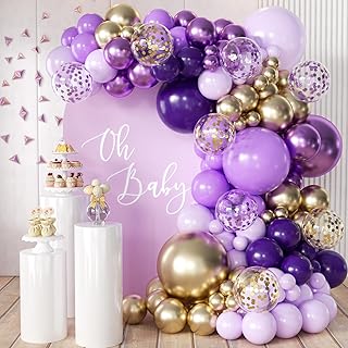 MEBAY Purple and Gold Balloons Arch Kit, 155Pcs Lavender Dark Purple Pastel Purple Lilac and Gold Balloon Garland for Baby Girl Princess Party Birthday Graduation