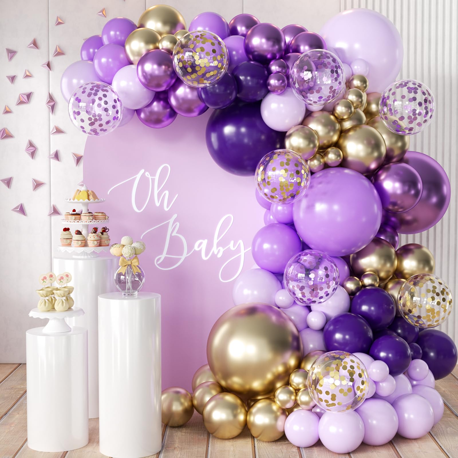 MEBAY Purple and Gold Balloons Arch Kit, 155Pcs Lavender Dark Purple Pastel Purple Lilac and Gold Balloon Garland for Baby Girl Princess Party