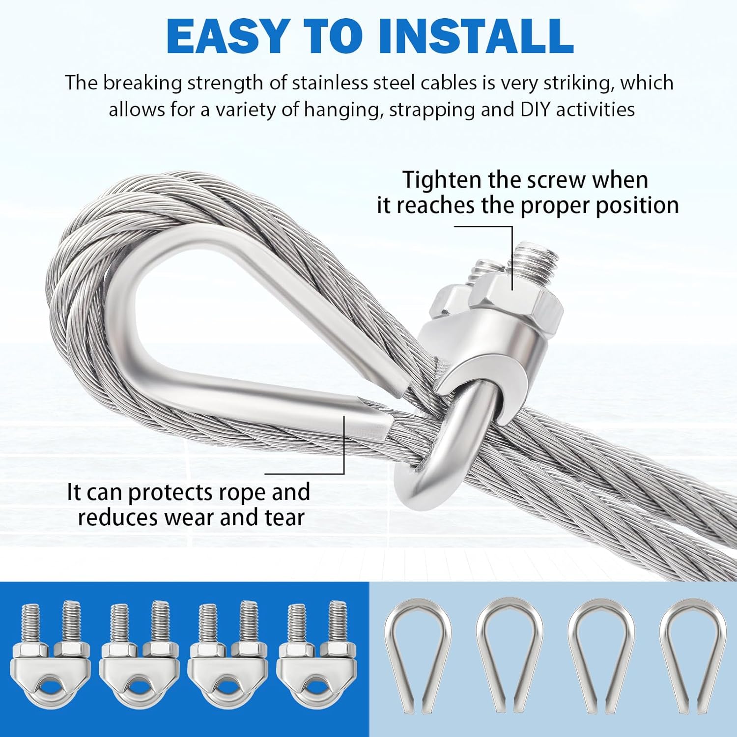 Blulu 1/4 304 Stainless Steel Cable, 300ft Wire Rope with Wire Rope Clamps and Thimble, 6400lbs Breaking Strength, 7x19 Strands Aircraft Cable for Yard Zipline, Deck Railing, Boat Lifts