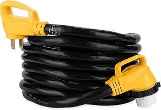 Camco Power Grip 25-Ft 50 Amp RV Extension Cord w/90° Locking End - Rated for 125/250V & 12,500W - Features Threaded Locking Ring for Weatherproof Connection & Coated w/Heat-Resilient PVC (55574)
