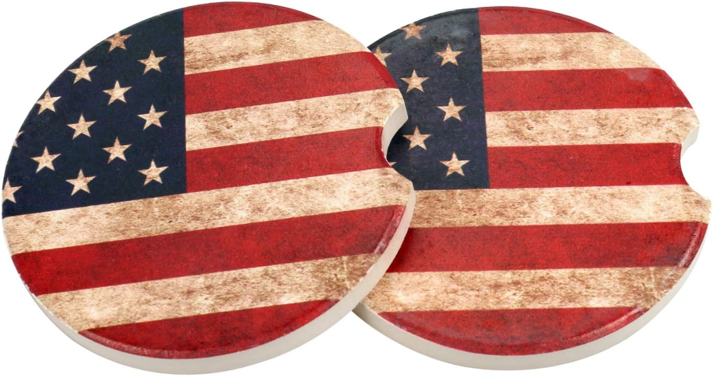 Car Coasters 2 Pack, Small 2.56" Stone Car Cupholder Absorbent Coaster Set for Women Men Drink Cup Holder Coasters (USA Flag)