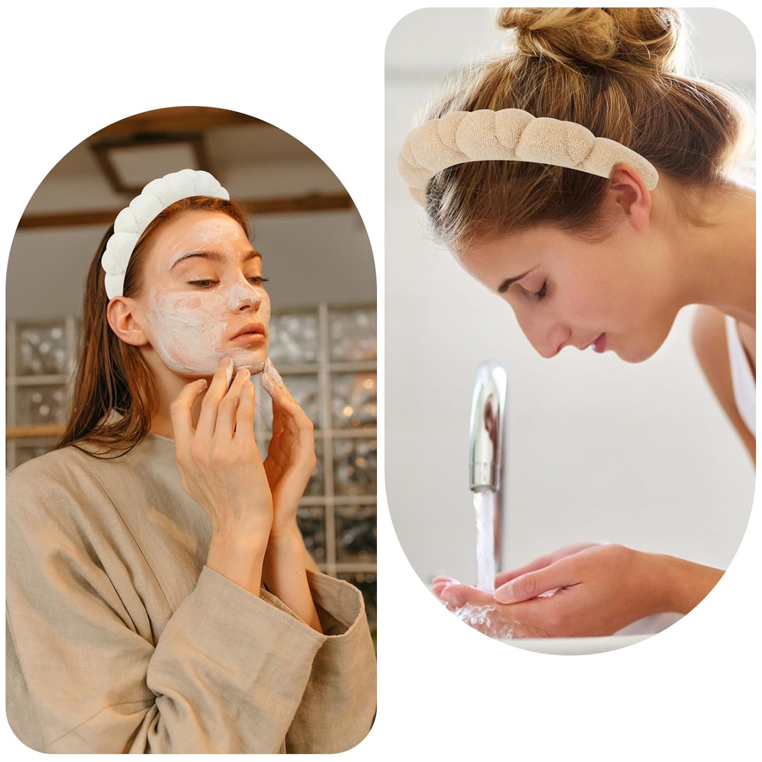 AMCAMI 2 Pack Makeup Headband,Skincare Spa Headband,Bubble hairband for washing face,make up,skin care(Khaki,Beige) - Image 6