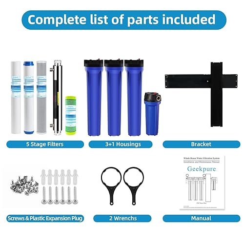 Miniatura 5 de Geekpure Sistema de filtro de agua para toda la casa de 5 etapas con sedimento PP de 2.5 x 20 5 micrones + filtros de carbono y 6 GPM UV