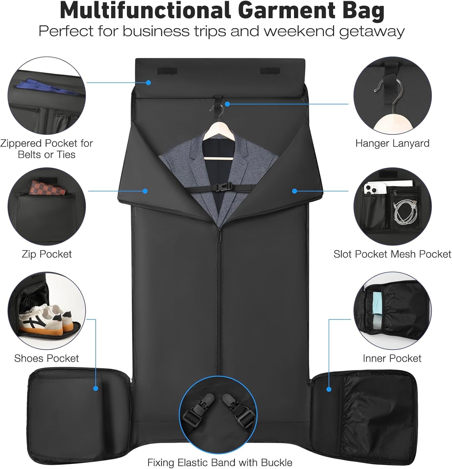 Garment Duffle Bag for Men,Convertible Garment Bags for Travel,Suit Carry-on Travel Bag Expandable with Shoes Compartment for Business Trip,Weekend(Black) - Image 3