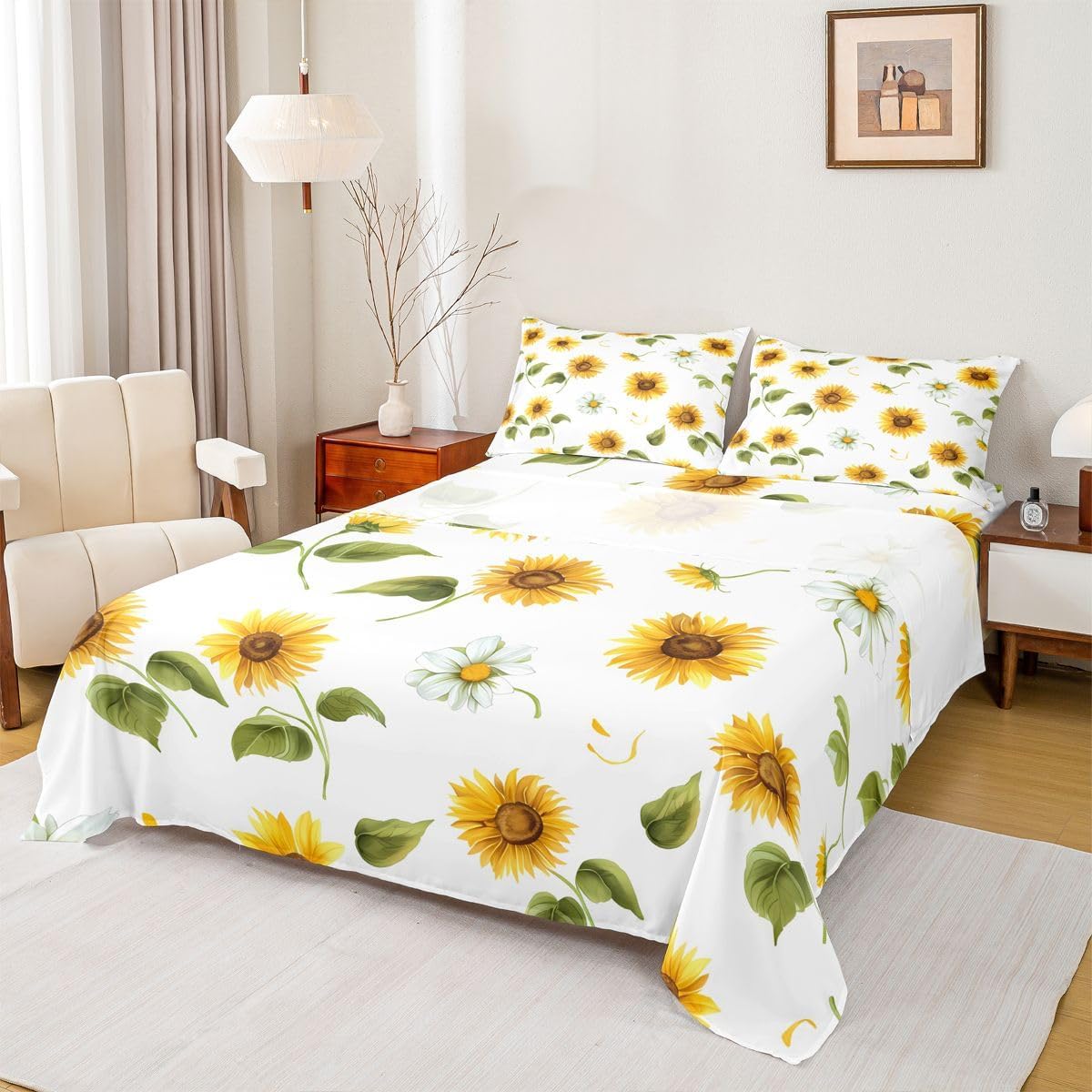 Feelyou Sunflowers Bed Sheet Set Floral Print Bed Sheets Yellow Flowers Pattern Sheets Flower Painting Sheet Set for Boys Girls Children Teens Microfiber Queen