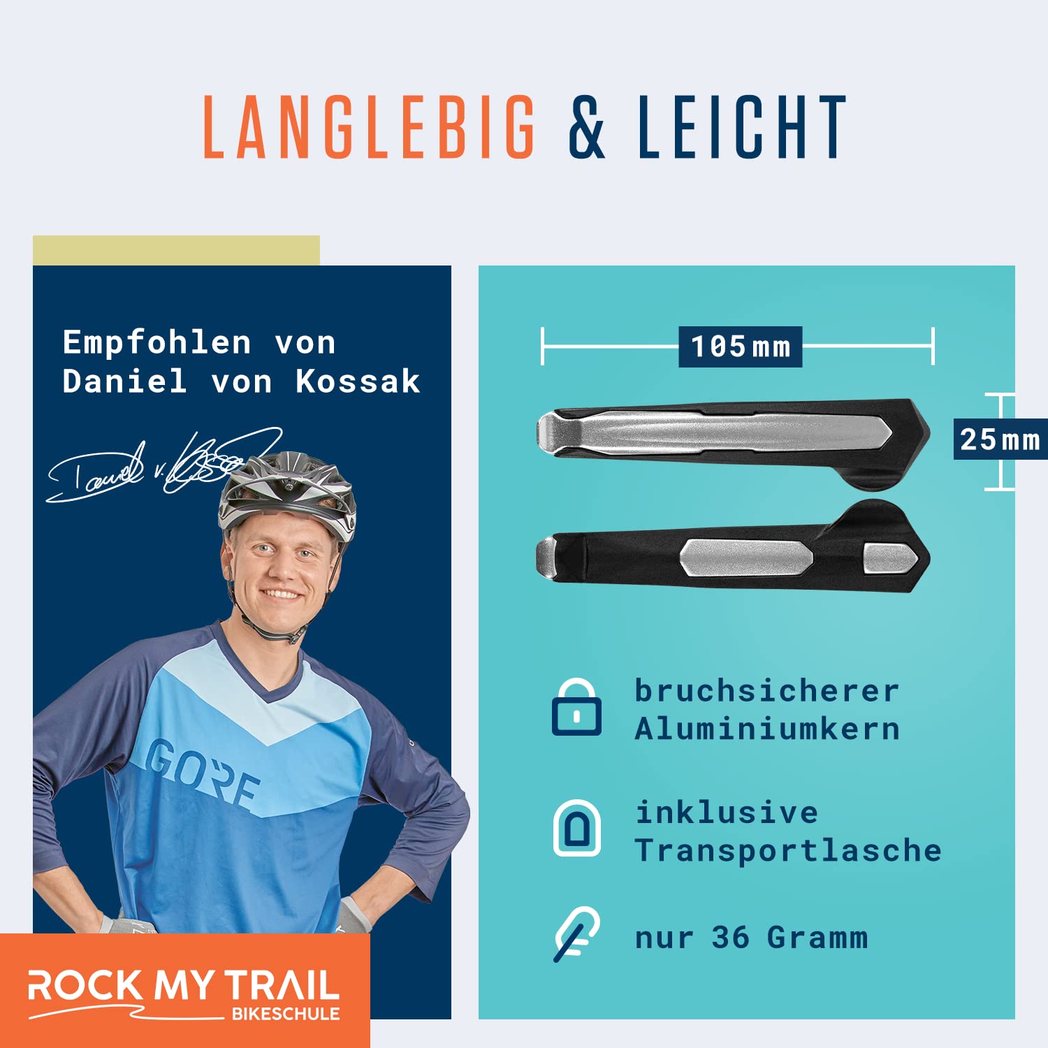 Alphatrail Fahrrad Reifenheber Oscar - 2er Set I Stabiler Metallkern aus Aluminium (36g Gesamtgewicht) I Optimale Hebellänge I Ergonomischer Mantelheber für Schwalbe, Michelin, Continental, Maxxis uvm