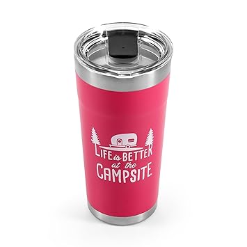 Camco Life is Better at The Campsite Tumbler | Heavy Duty Double Wall Vacuum Insulation | Crafted of 18/8 Stainless Steel | Unique  - ?Life is Better at The Campsite - ? Design on Coral Pink | 20-oz (53061)