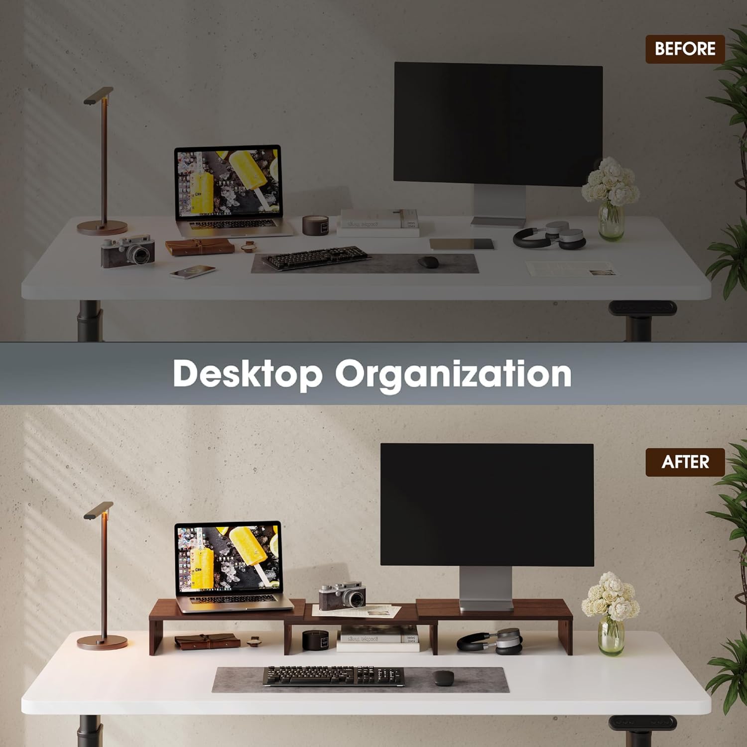 FITUEYES Dual Monitor Stand – 3 Shelf Computer Monitor Riser, Wood Desktop Stand with Adjustable Length and Angle, Desk Accessories, Office Supplies Medium Brown, DT108002WB