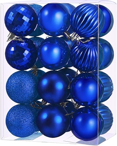 24 adornos de bolas de Navidad para decoración de árbol para festividades, boda, fiesta, 2.36 pulgadas, 6 estilos (azul rey) con ganchos