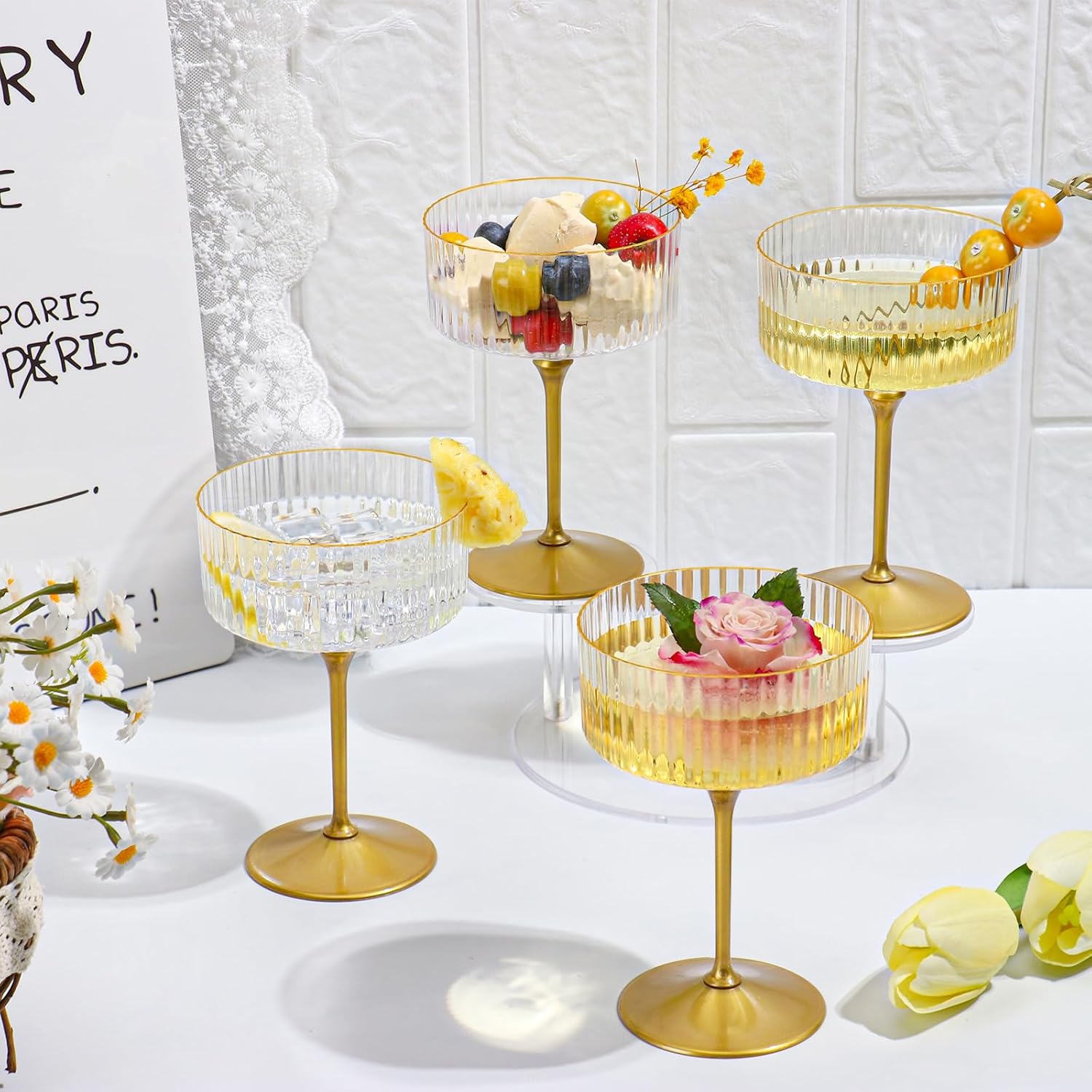 12 PCS Ribbed Coupe Glasses with Gold Stem Clear Plastic Champagne Coupe Cup 10oz Detachable Gold Rim Espresso Martini Glass Vintage Margarita Glassware Cocktail Glass for Christmas - Image 6