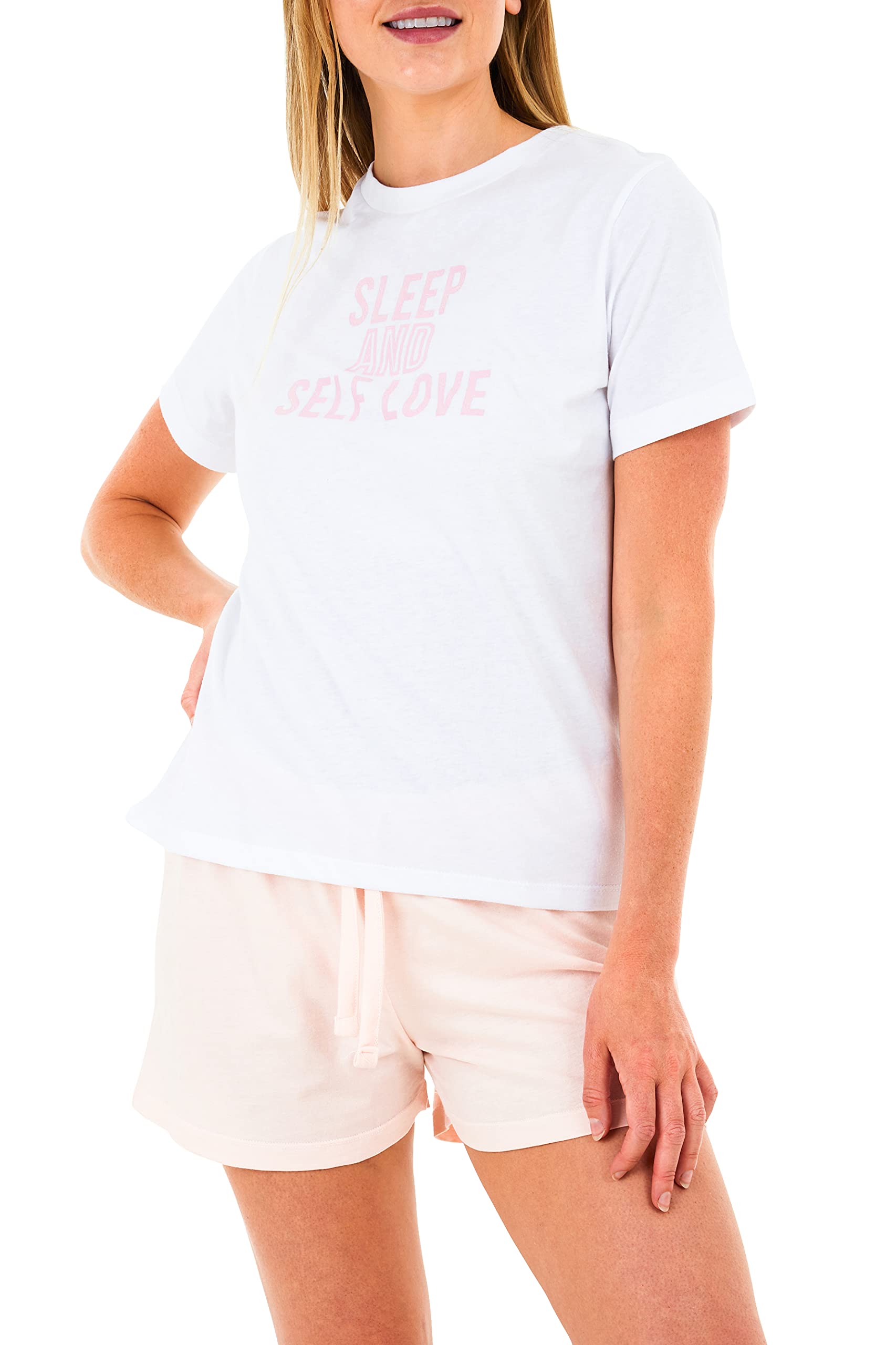 Sleepdown Womens Ladies Pyjamas Set Comfy Soft Sleep And Self Love 2 Piece Loungewear Nightwear Sleepwear Short Sleeve Top & Bottoms Shorts PJs Pajamas (S, White Pink)