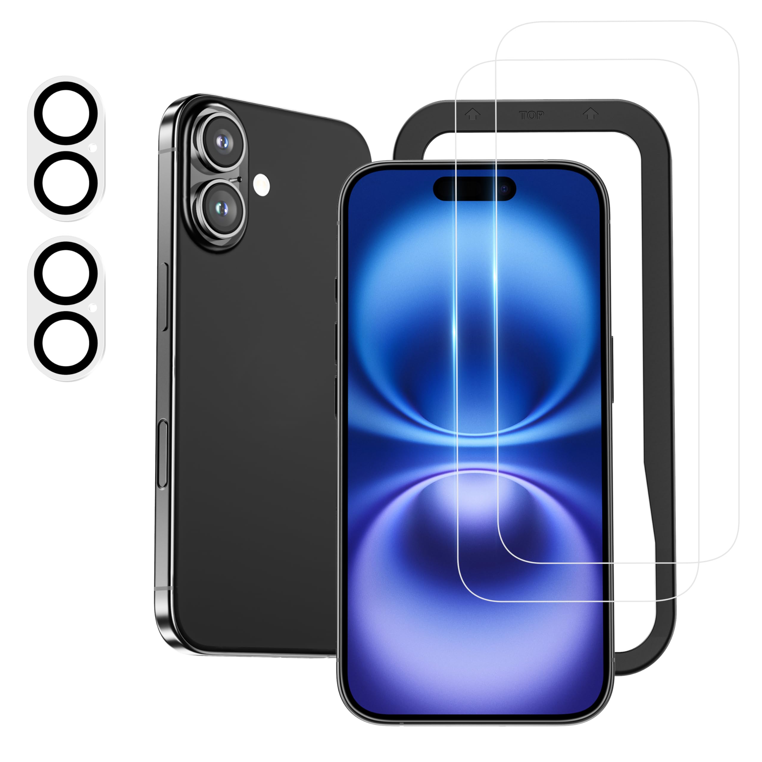NIMASO ガラスフィルム (2枚) + カメラフィルム (2枚) iPhone 16 用 強化ガラス 保護フィルム ガイド枠付き