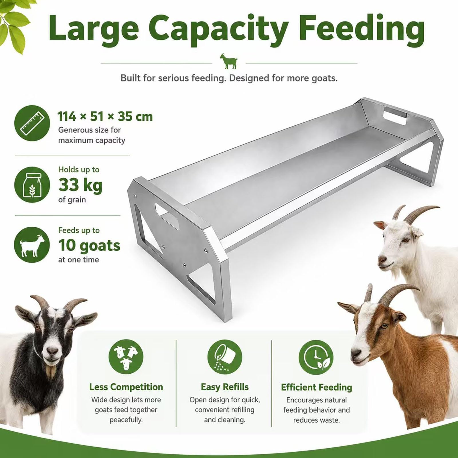 Comedero de acero galvanizado para ganado, 114 cm de largo, resistente, para cabras, terneros, caballos, fácil de limpiar, con capacidad para hasta 10 animales