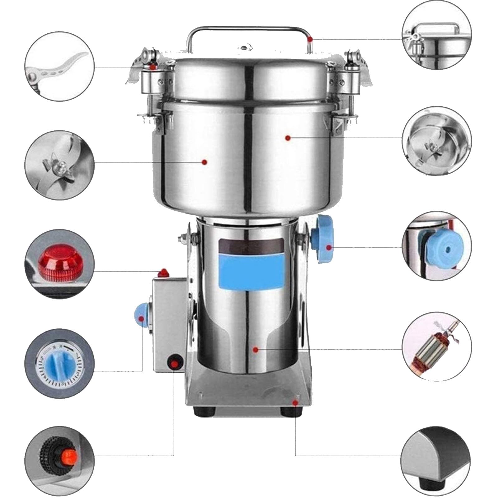 Molinillo eléctrico de Grano de 1500-4500 g, Malla 60-350, de Acero Inoxidable, con Motor Comercial de 32000 RPM y protección contra sobrecargas. 1500g