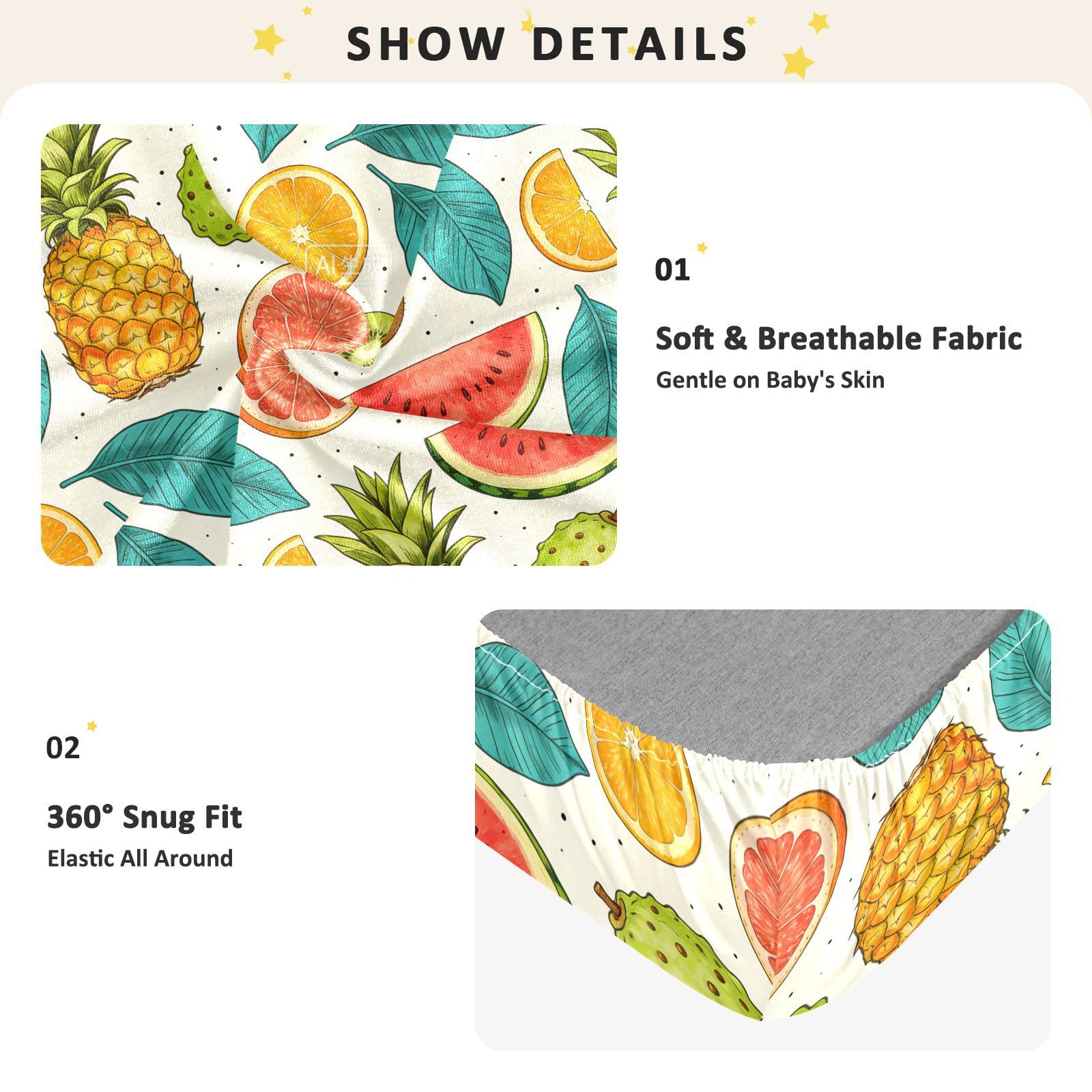 Sábanas de algodón para cuna de bebé, diseño de sandía, helado, piña, para niños, niñas, corralito de bebé, ropa de cama de muselina suave y transpirable para decoración de guardería, 1 paquete para