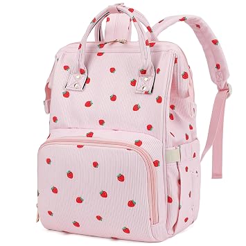 Baby Diaper Bag Backpack for Mom, Large Capacity Travel Nappy Bag for Boys & Girls with Stroller Straps Corduroy Strawberry