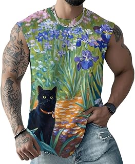 ENLACHIC Men's Vincent Van Gogh Oil Painting Sleeveless Tank Tops Summer Casual Beach Workout Muscle Graphic Tee