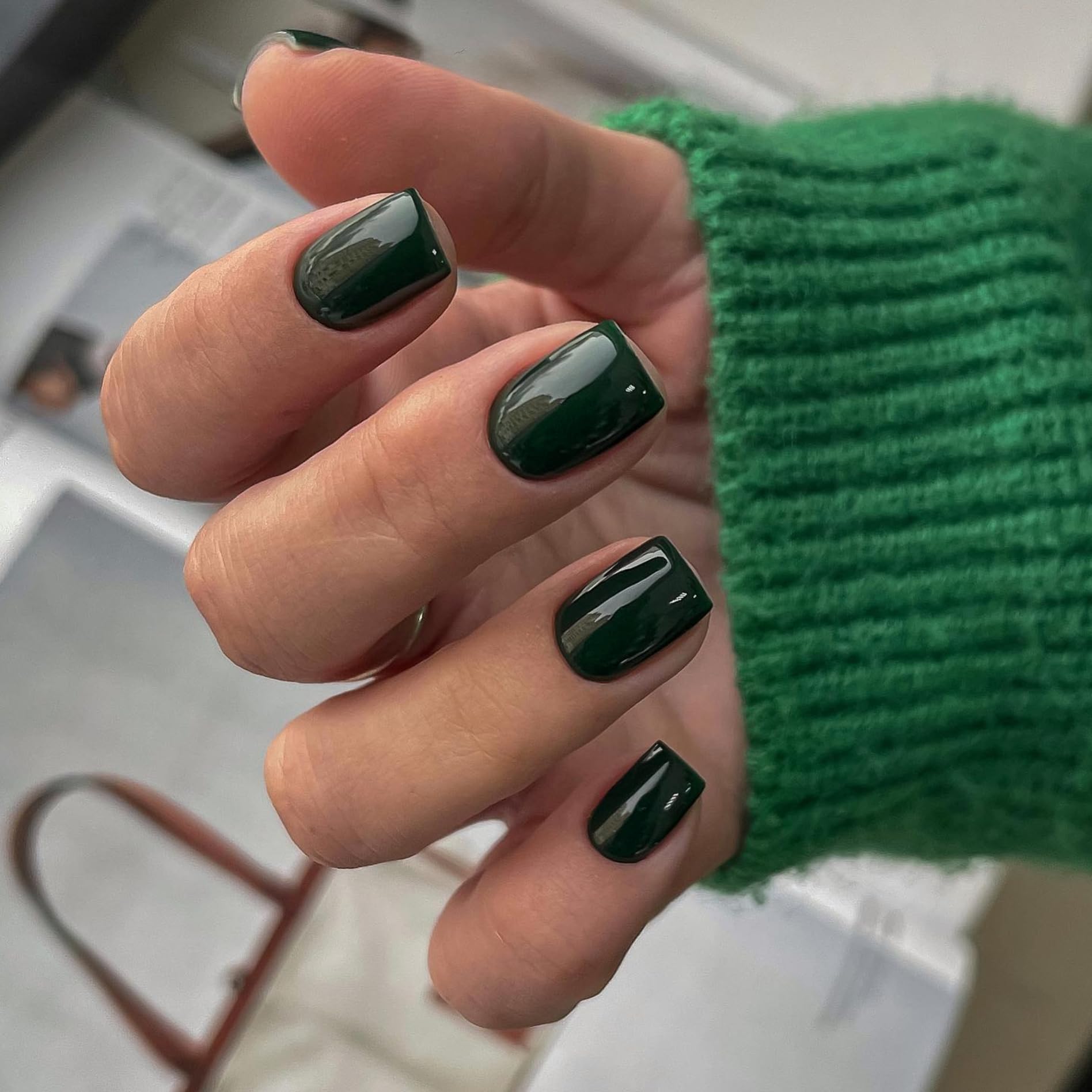 SXVME Dark Green Press on Nails Short Square Acrylic Short False Nails Coffin Natural Acrylic Fake Nails Set Elegant Solid Color Full Cover Glossy Gel Stick on Nail for Women Daily Wear 24 Pcs - Image 3