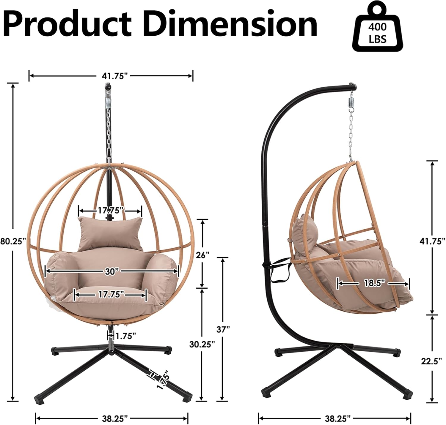 Egg Chair Outdoor, Imitation Rattan Hanging Egg Chair with Stand, Hanging Chairs with Cushions, 80" High All Weather Basket Swinging Chairs, Egg Swing Chairs Outdoorfor Balcony/Deck, Khaki
