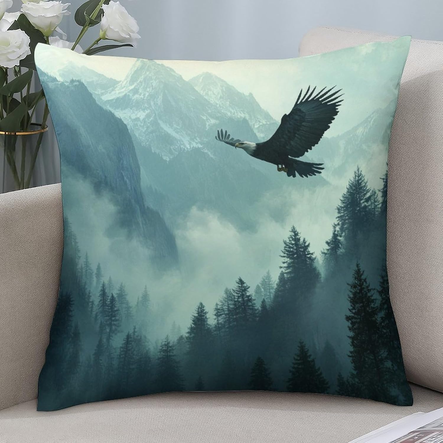 2 Packs Misty Forest Scenery Throw Pillow Covers for Living Room, Nature Mountain Bald Eagle Pillow Covers Cushion Case for Couch Sofa Bed, 20x20 inch