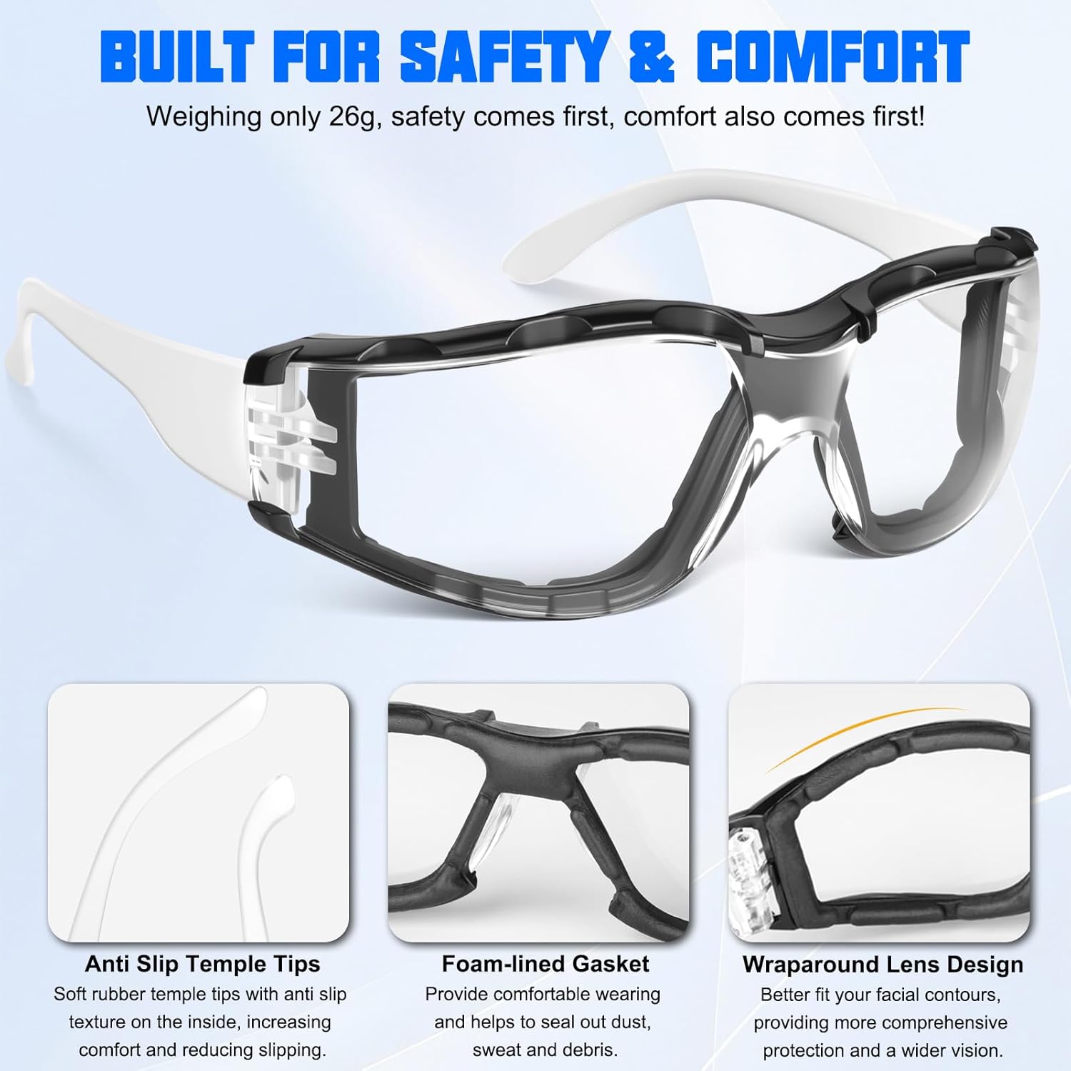 OXG Anti Fog Safety Glasses with Foam Gasket, ANSI Z87.1 Protective Eyewear UV Protection for Men Women