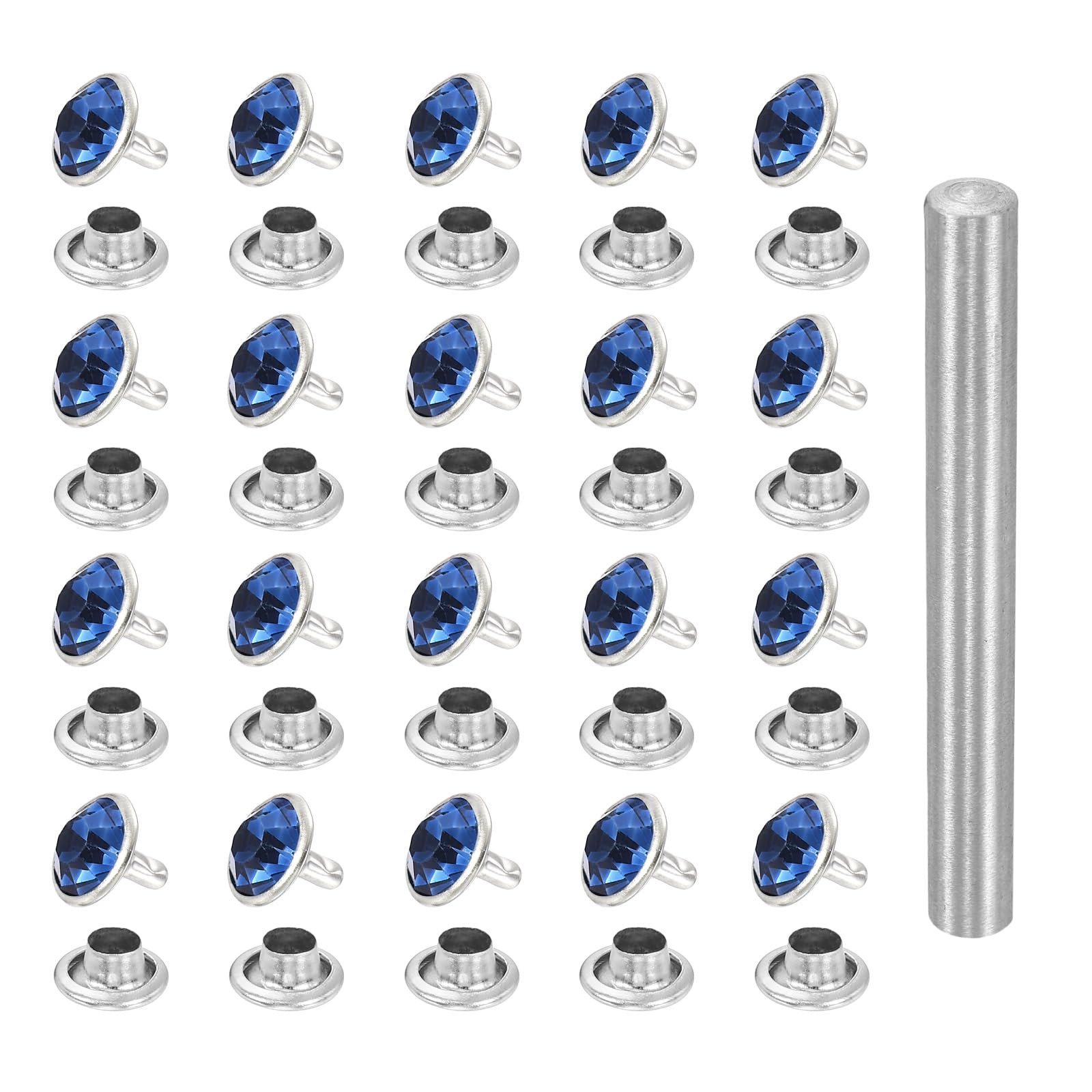 sourcing map 100pcs Crystal Rivets 10mm Rhinestone Rapid Stud Rivets with Steel Installation Tool for Clothing Leather Fabric Arts Crafts Decoration DIY, Silver Medium Blue