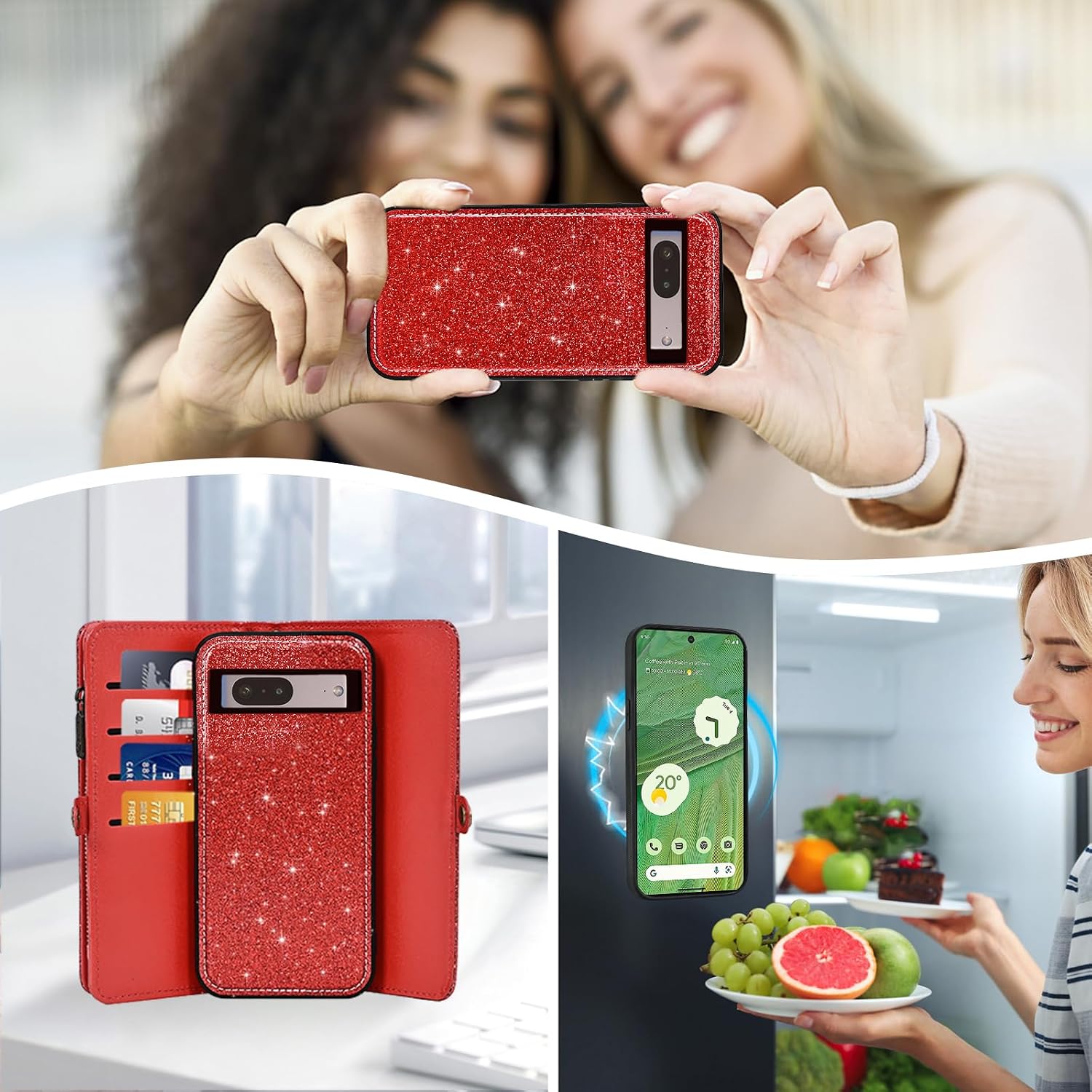 Asuwish Phone Case for Google Pixel 7 5G Zipper Wallet Detachable Cell Cover with Tempered Glass Screen Protector Lanyard Wrist Strap Flip Credit Card Holder Slot Pixel7 Pixle Seven 6.3 Women Men Red