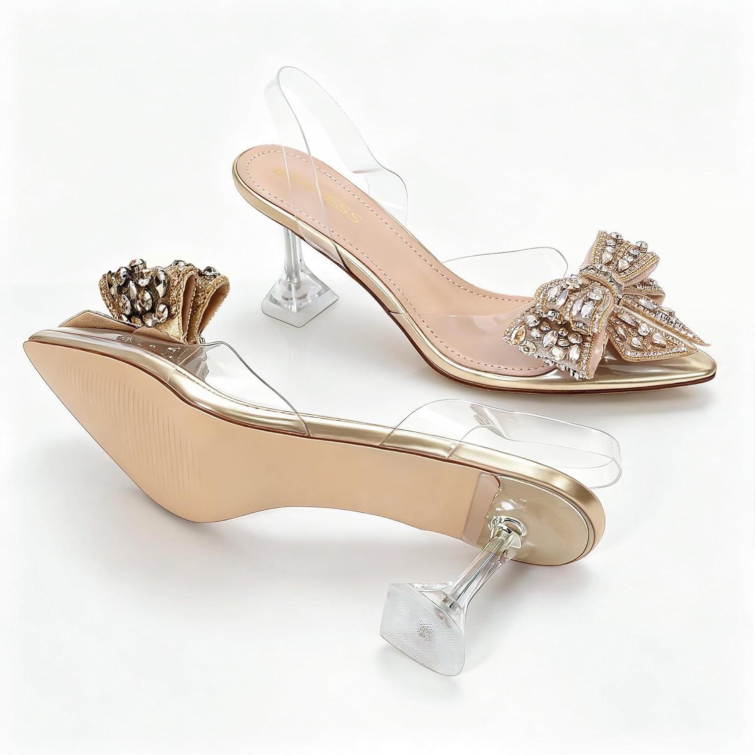 Berness Women's Crystal Bow Clear Slingback Kitten Heels Closed Toe Pumps for Dress, Work, Wedding, Party
