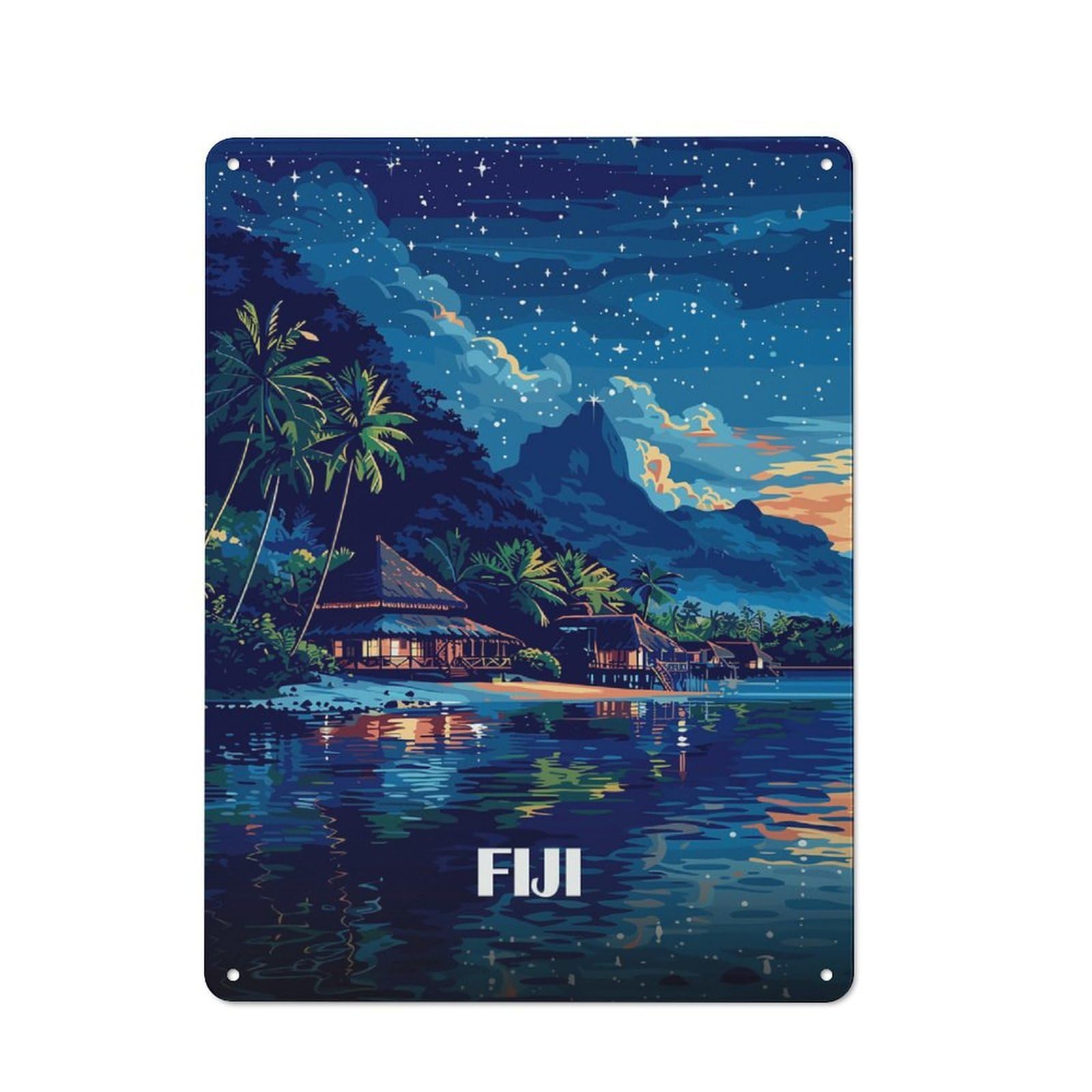 Junmoney Style-7 Fiji Island Nightscape Rustic Metal Sign 40X30cm For Pub Or Café, For Collectors Of Rustic Metal Wall Decor