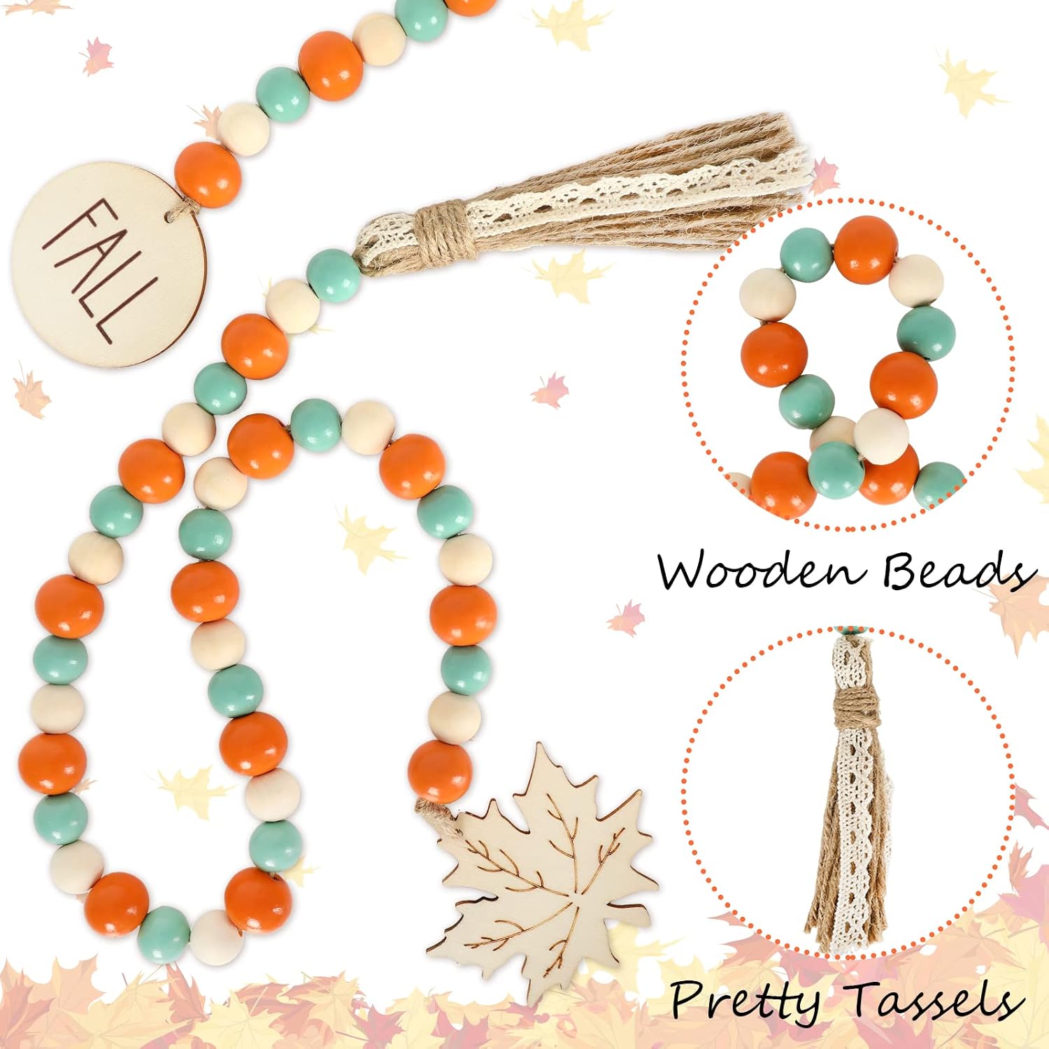 Whaline 2Pcs Fall Wood Beads Garland with Tassel Maple Leaf Tag Thanksgiving Rustic Farmhouse Tiered Tray Decor Autumn Boho Orange Mixed Beads Hanging Garland for Fall Harvest Home Party Decor