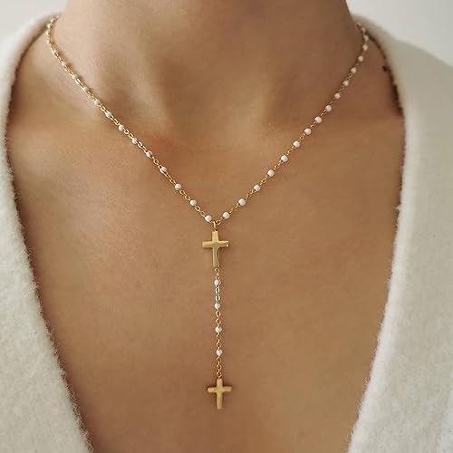 Miniatura 2 de MONOZO - Collar de cruz para mujer, chapado en oro de 14 quilates, collar dorado en capas, cruz lateral pequeña, joyería dorada moderna, regalos