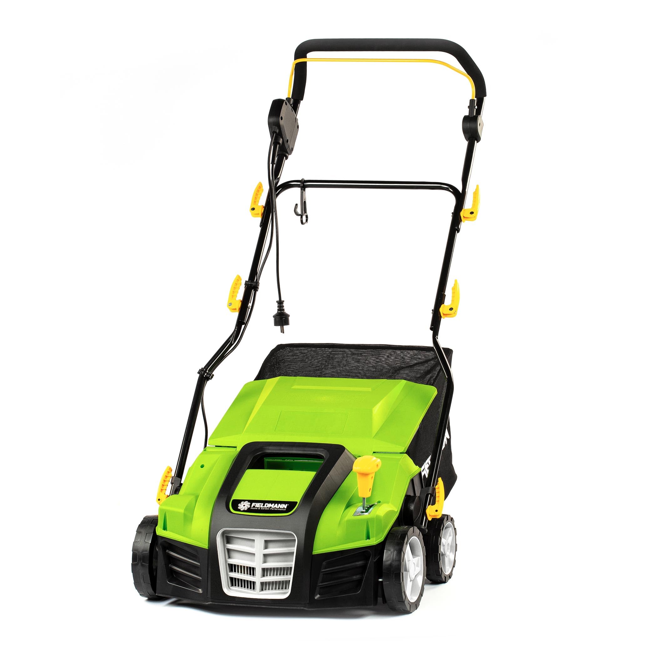 Escarificador y rastrillo eléctrico 2 en 1: Motor de 2000 W, Ancho de 400 mm, depósito de 50 L, Mango Ajustable, Profundidad de Corte de -15 a +3 mm, 2 Cilindros, fácil Mantenimiento, 104 dB