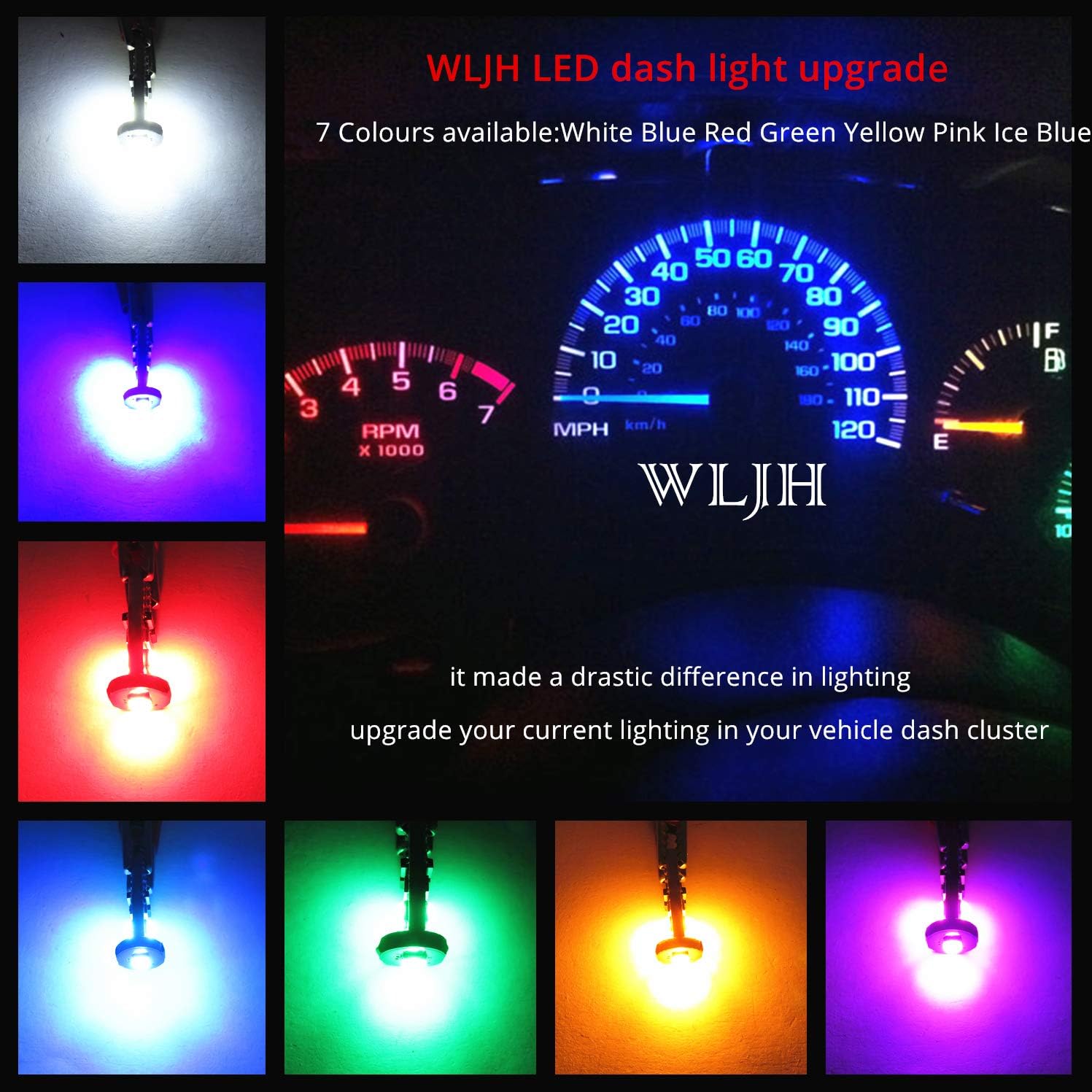 WLJH Extremely Bright Blue Canbus Instrument Panel Gauge Cluster Warning Indicator Bulb Full Led Light Kits Package For Ford Mustang 1979-1993, Pack of 16