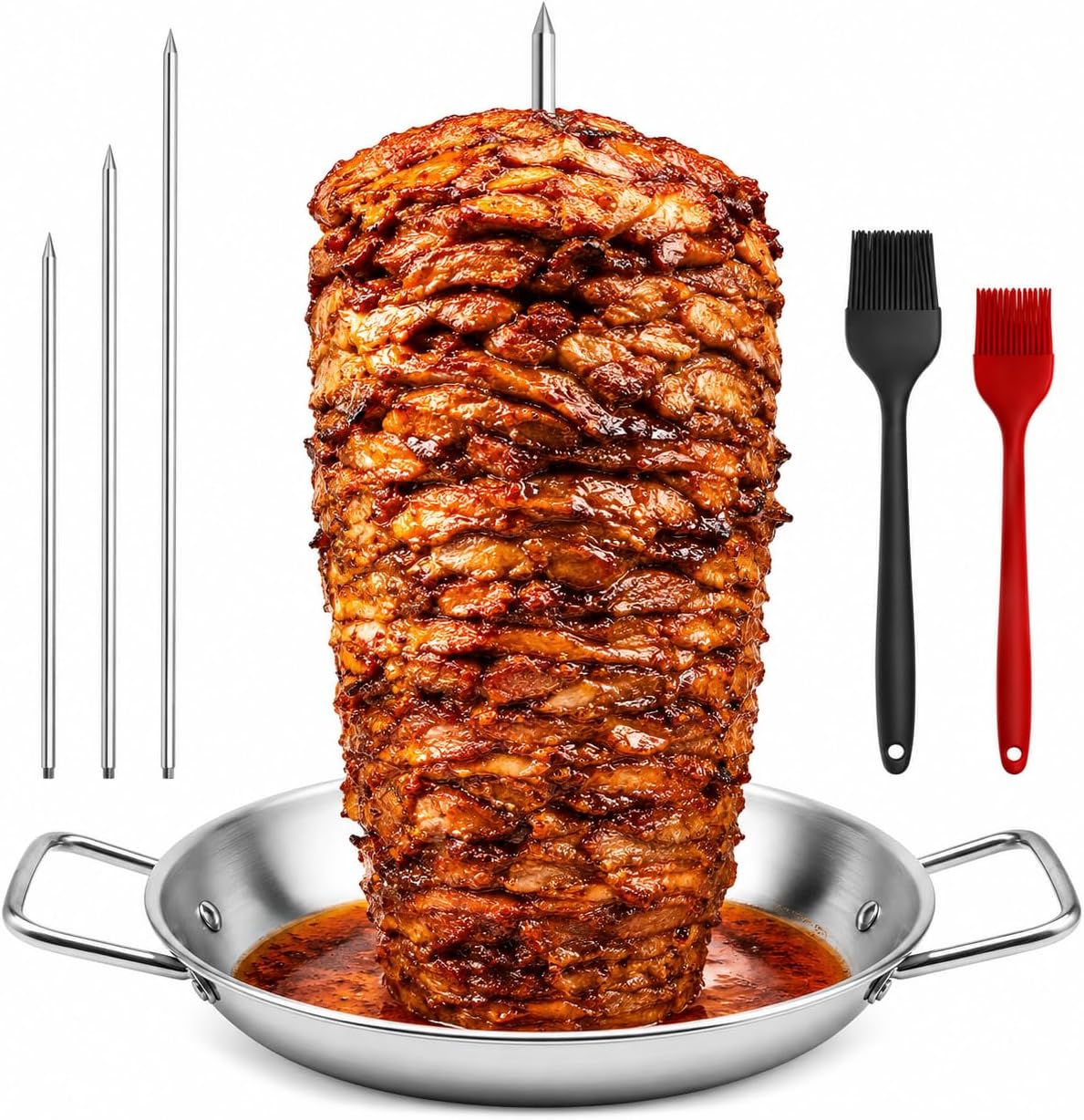 Al Pastor Skewer for Grill, Stainless Steel Vertical Gyro Plate for Oven, Spit Stand, Brazilian Vertical Spit Stand with Brushes, 3 Removable Spikes 8/10/12 BBQ Shawarma Stand, Kebabs Smoker, Tacos.