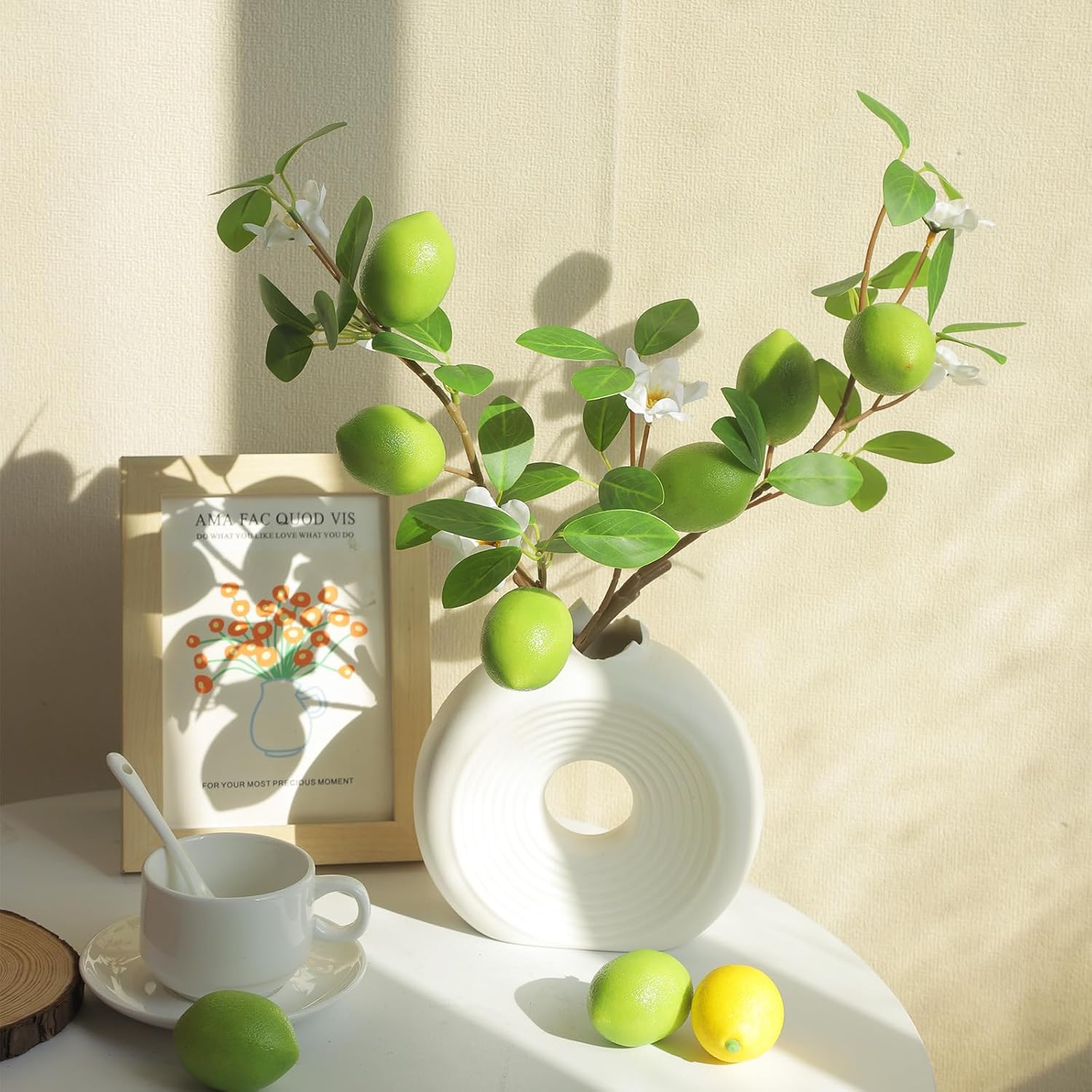 Artificial Lemon Fruit Flowers 5 Pcs Artificial Lemon Branches 24" Lifelike Faux Lemon Long Stems with Fruit Fake Lemon Flower Arrangement for Home Kitchen Dinner Tables Decor (Green)