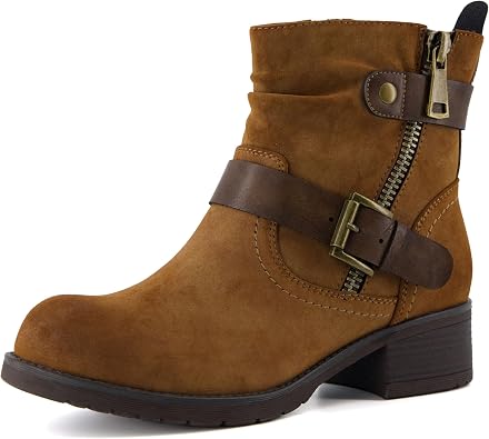 Dunes Max Motorcycle Womens Ankle Boots Comfortable Booties for Women with Zipper & Buckle, Combat Boots Style, Memory Foam, Wide Width Options