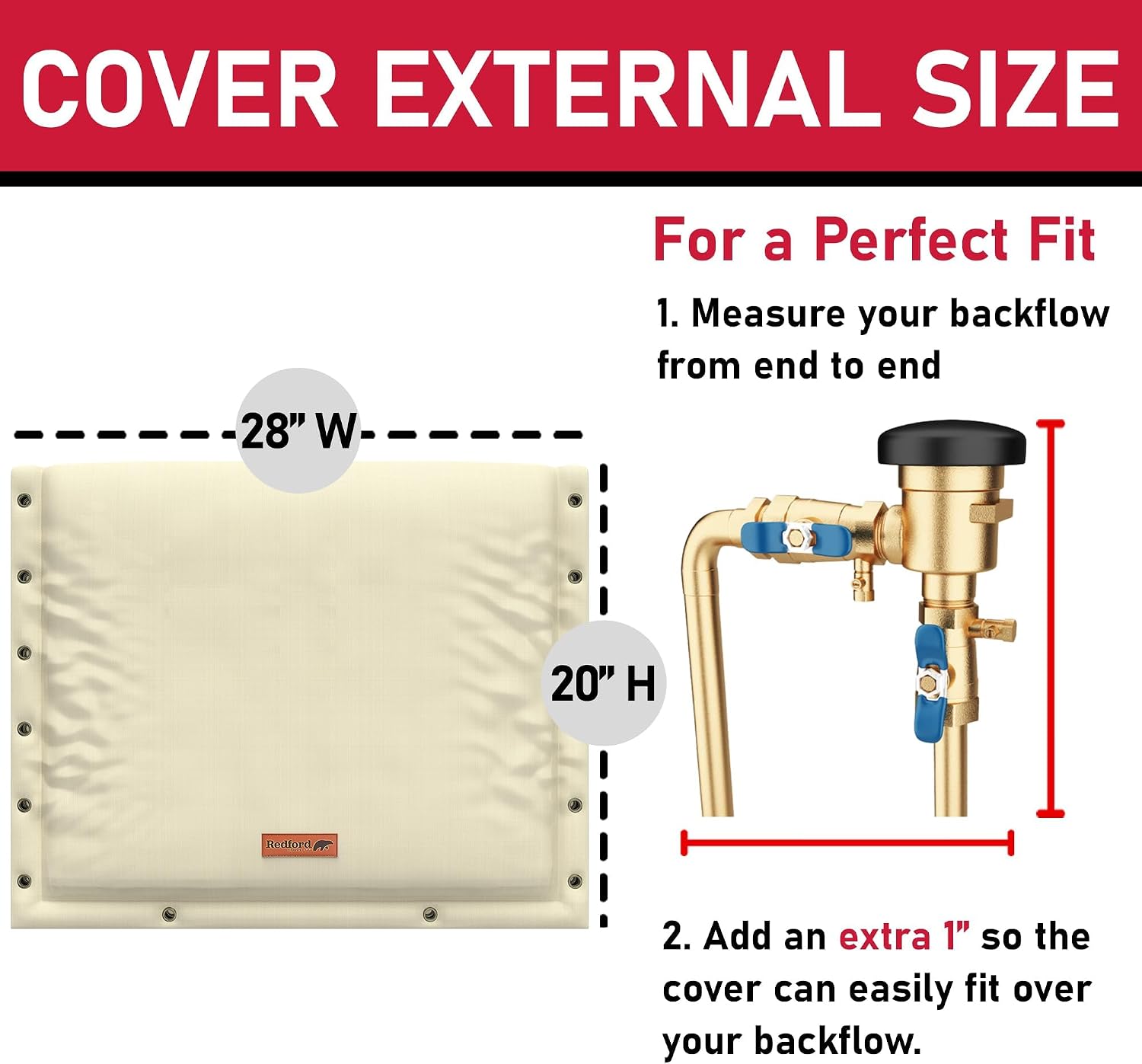 Redford Supply Co. Cold Snap (5°F) Backflow Preventer Insulation Cover, 3-Way Custom, 28"W x 20"H, Pipe Insulation, Water Sprinkler Covers for Outside, Sprinkler Backflow Cover for Winter (Beige) image 5