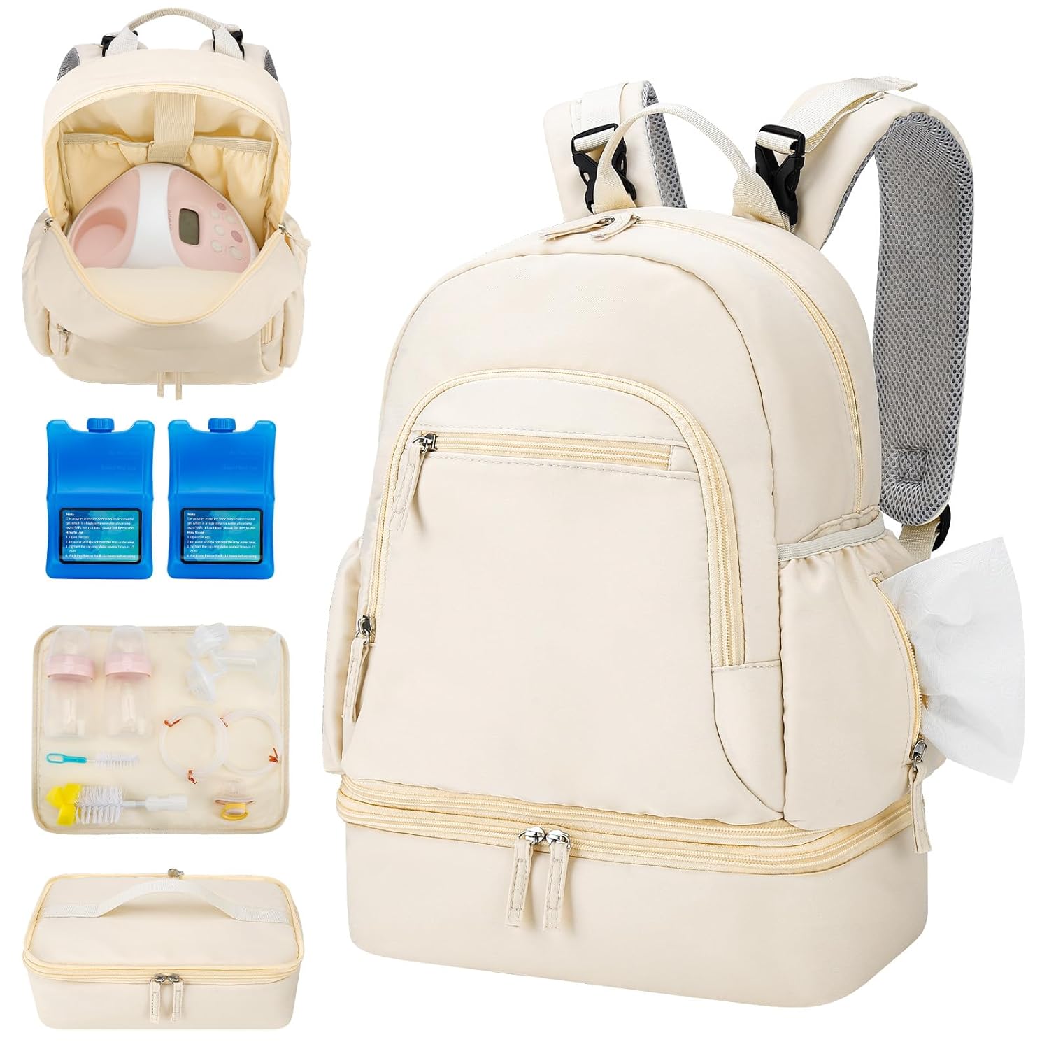 Breast Pump Backpack Fit for Spectra S1 and S2 with Removable Cooler Compartment, Pumping Bag for Pump Accessories, Breast Pump Bag for Work, Travel and Family Use Beige