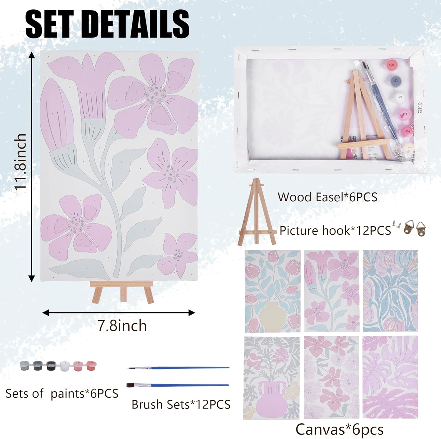 Daywhote 6 Pcs Acrylic Paint by Numbers Kit for Adults with 7.8×11.8 Inch Crafts for Adults Painting Kit,Equipped with Wooden Easel, Brushes and Hooks
